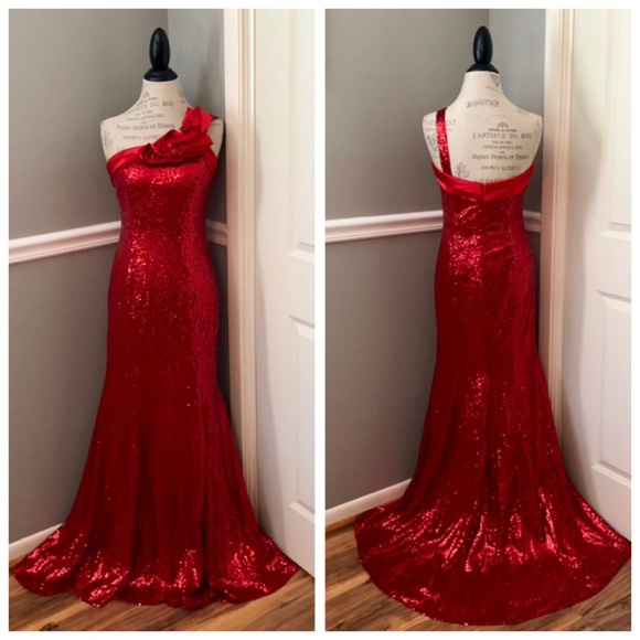 Alexia Designs Dresses & Skirts - NEW ALEXIA SZ 6 RED ONE SHOULDER SEQUIN SATIN FORMAL EVENING GOWN